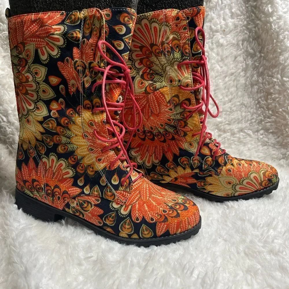 Vibrant color block paisley fabric lace up boots chunky heels EUR SZ43